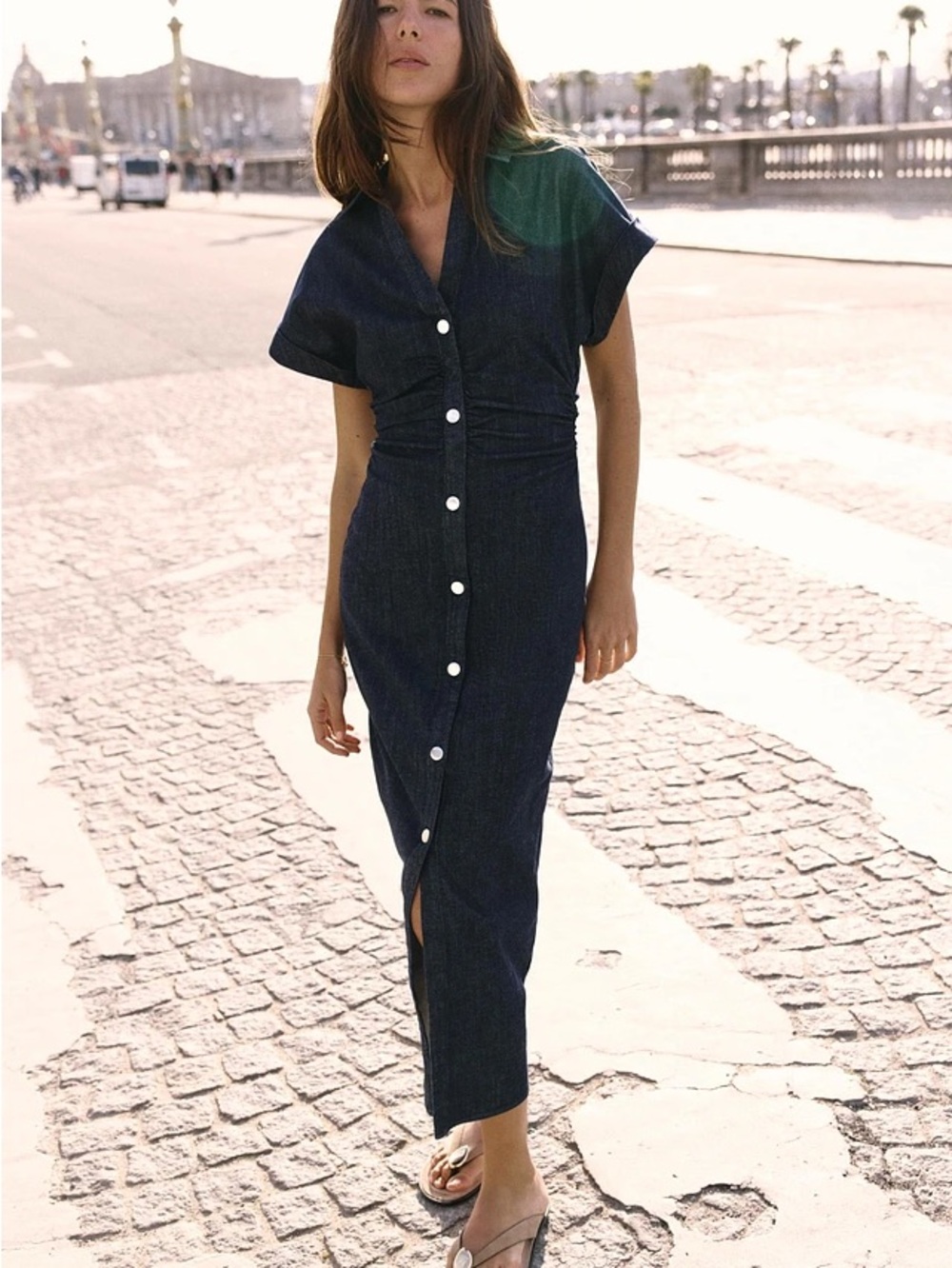 ZARA Dark Blue Denim Midi Shirt Dress - Picture 6 of 15